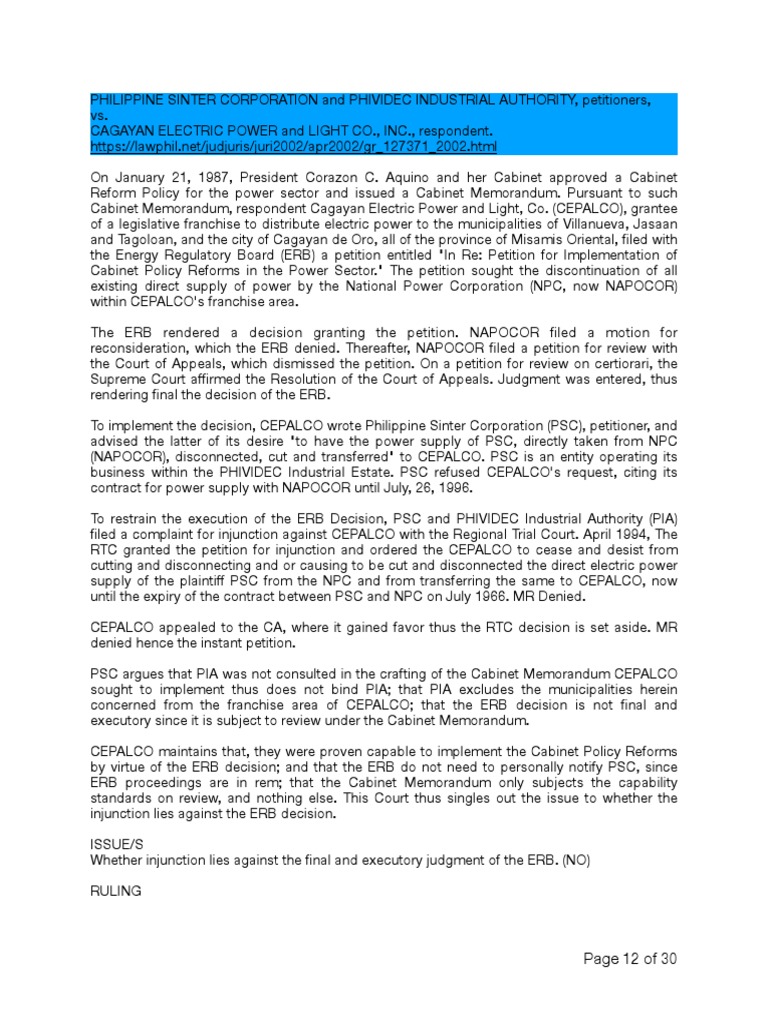 PHILIPPINE SINTER CORPORATION and PHIVIDEC INDUSTRIAL AUTHORITY,  Petitioners, vs. CAGAYAN ELECTRIC POWER and LIGHT CO., INC., Respondent. |  PDF | Jurisdiction | Courts