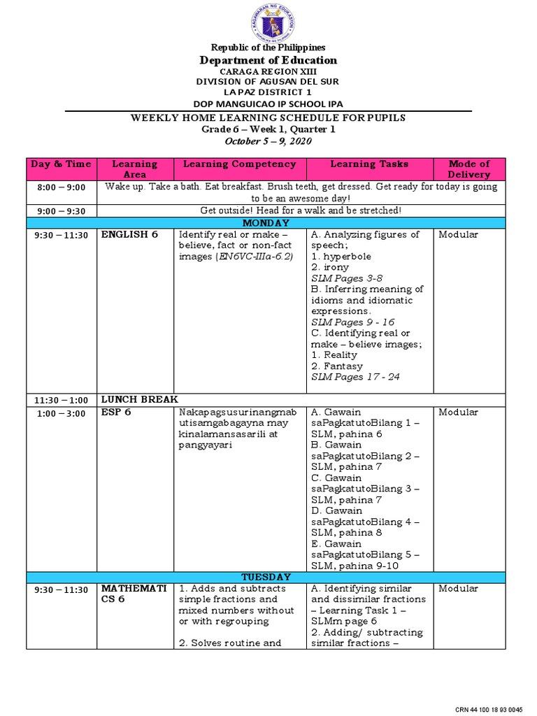 Grade 6 Weekly Learning Schedule | PDF | Philippines