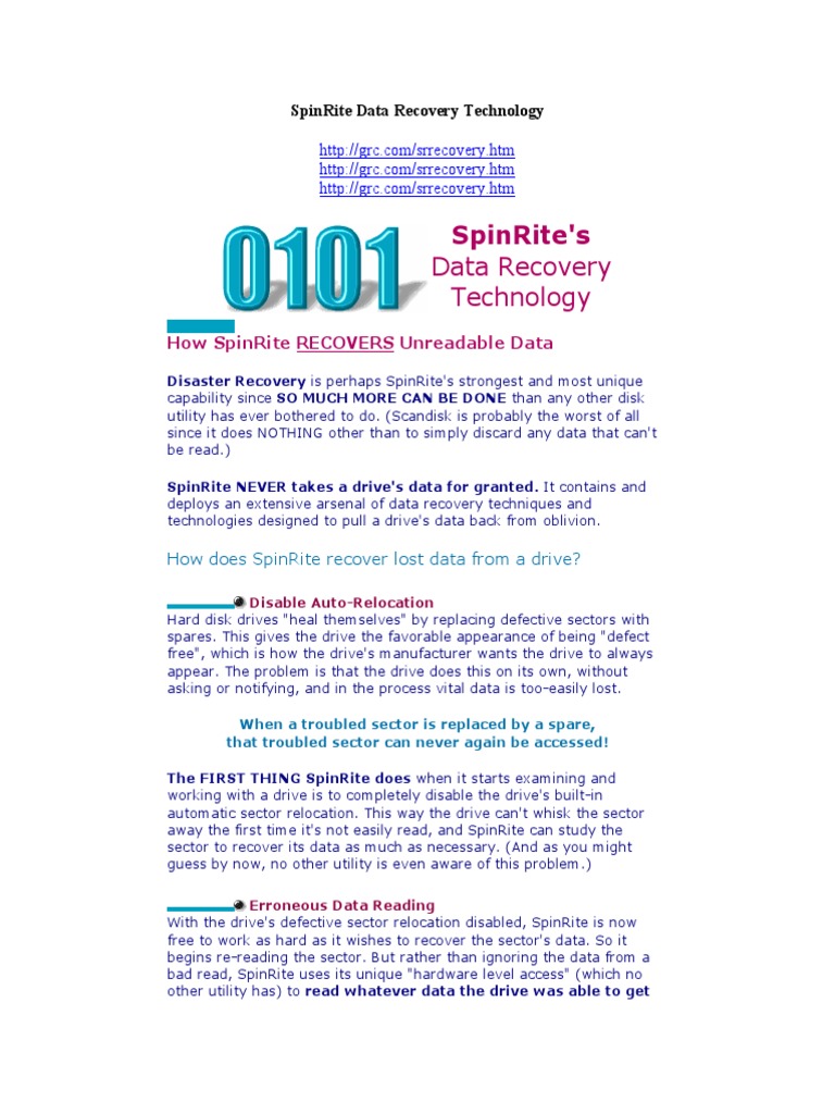 SpinRite Data Recovery Technology | PDF | Computer File | Computer Data