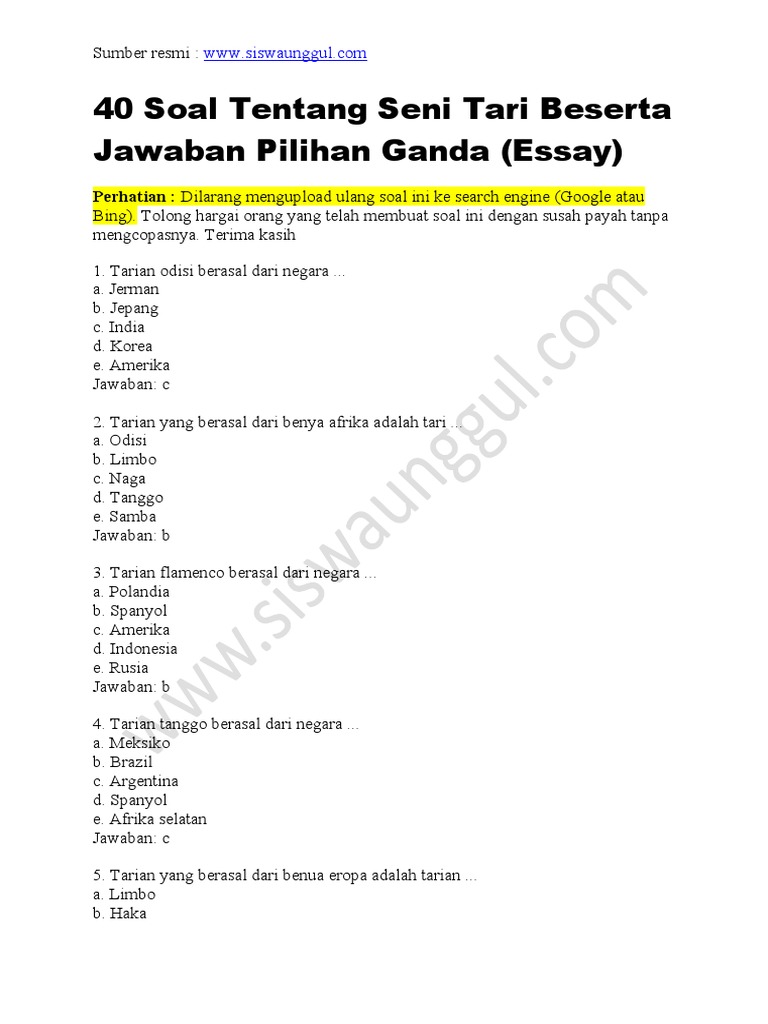 35 Jawaban Soal Tari Kelas 8 Pilihan Ganda, Siap Hadapi Ujian Semester 1
