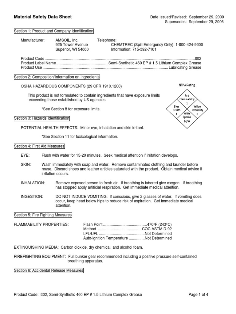 SemiSynthetic 460 EP 1.5 Lithium Complex Grease PDF Toxicity
