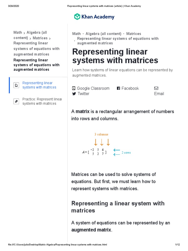 Representing Linear Systems With Matrices (Article) Khan Academy