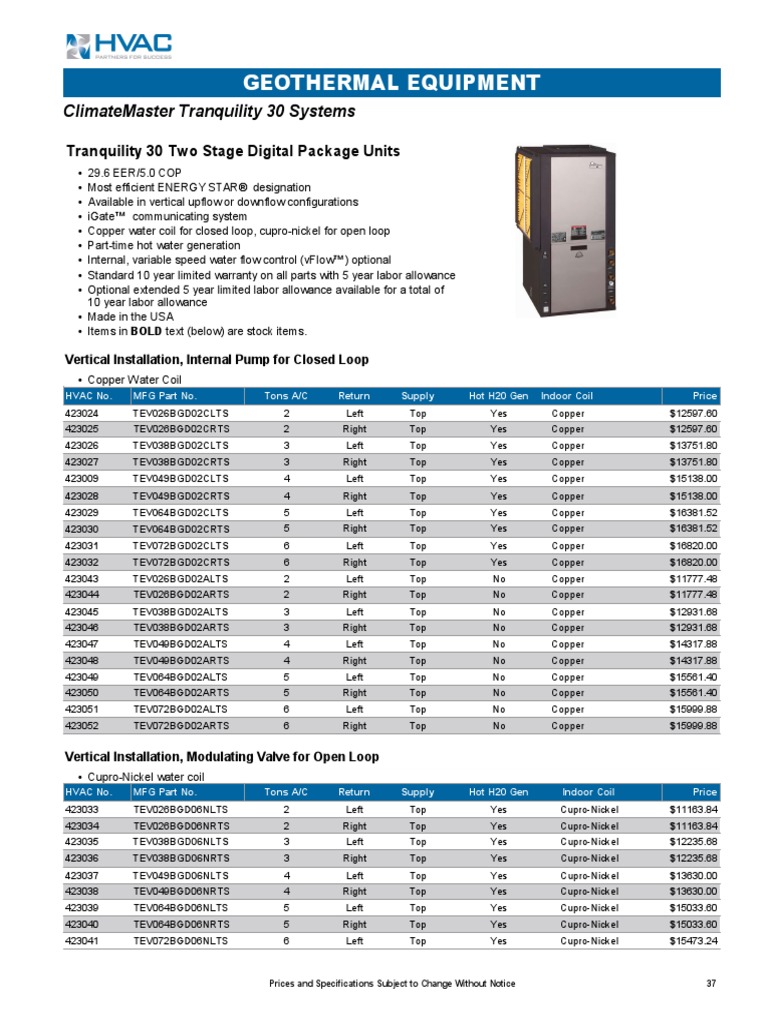 Geothermal Equipment Climatemaster Tranquility 30 Systems PDF Air