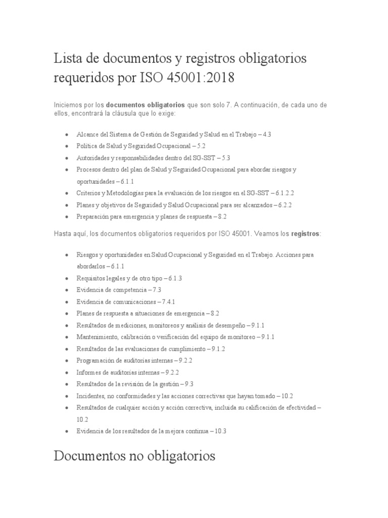 Lista de Documentos y Registros Obligatorios Requeridos Por ISO 45001 ...
