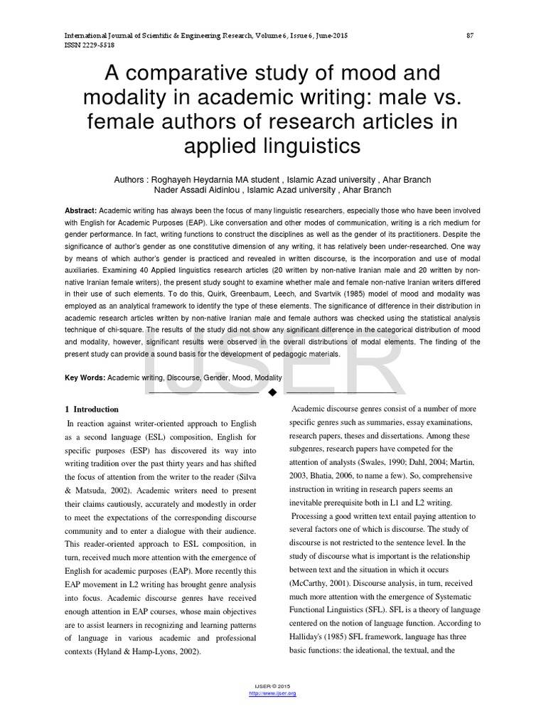 A comparative study of mood and modality in academic writing male vs