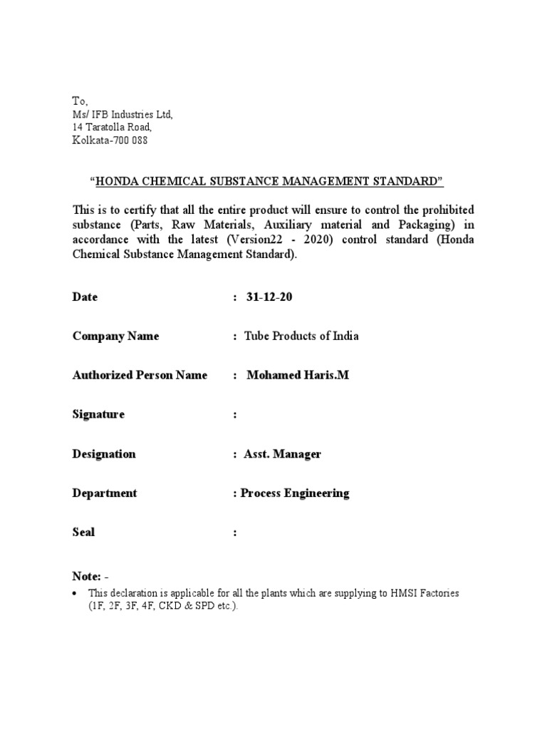 Honda Chemical Standard Certification | PDF