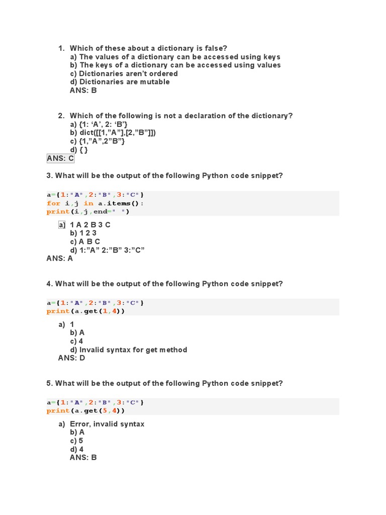 Key Concepts of Dictionaries in Python - Answers to Multiple Choice ...