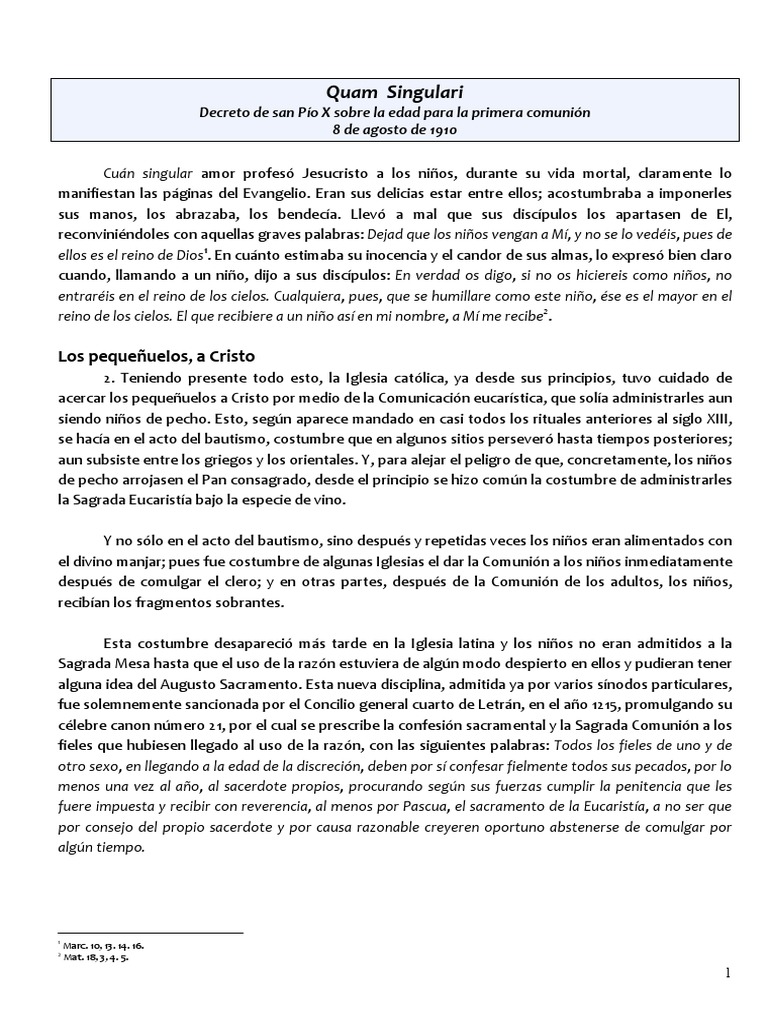 Quam Singulari Pio X 8 08 1910 PDF eucaristía Sacramentos
