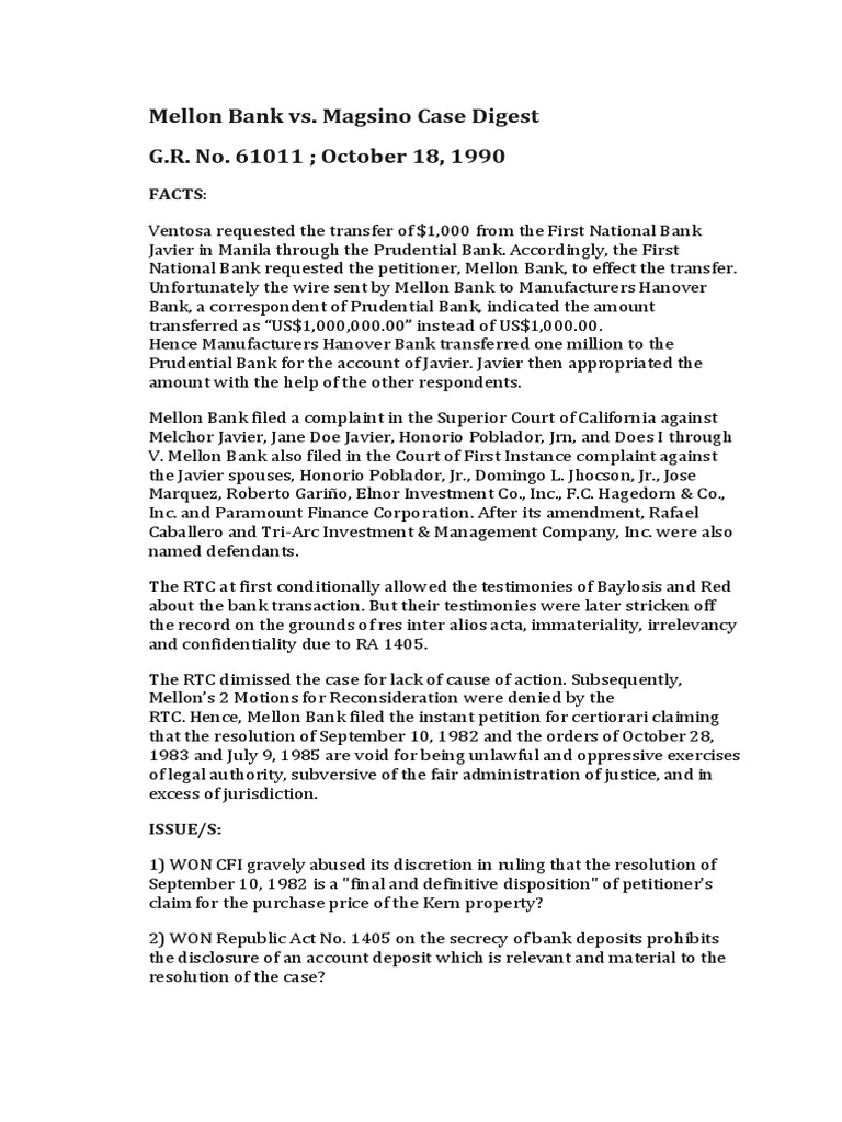 Mellon Bank vs. Magsino Case Digest G.R. No. 61011 October 18, 1990