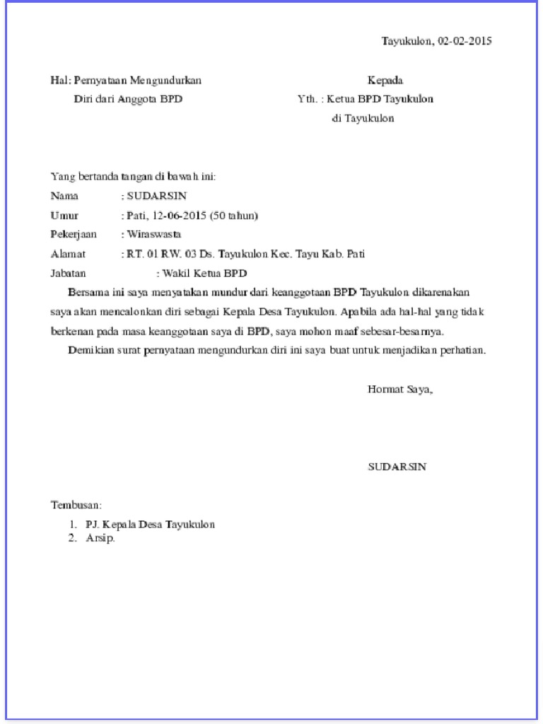 20 Contoh Surat Pengunduran Diri Anggota BPD Kumpulan Contoh Surat | PDF