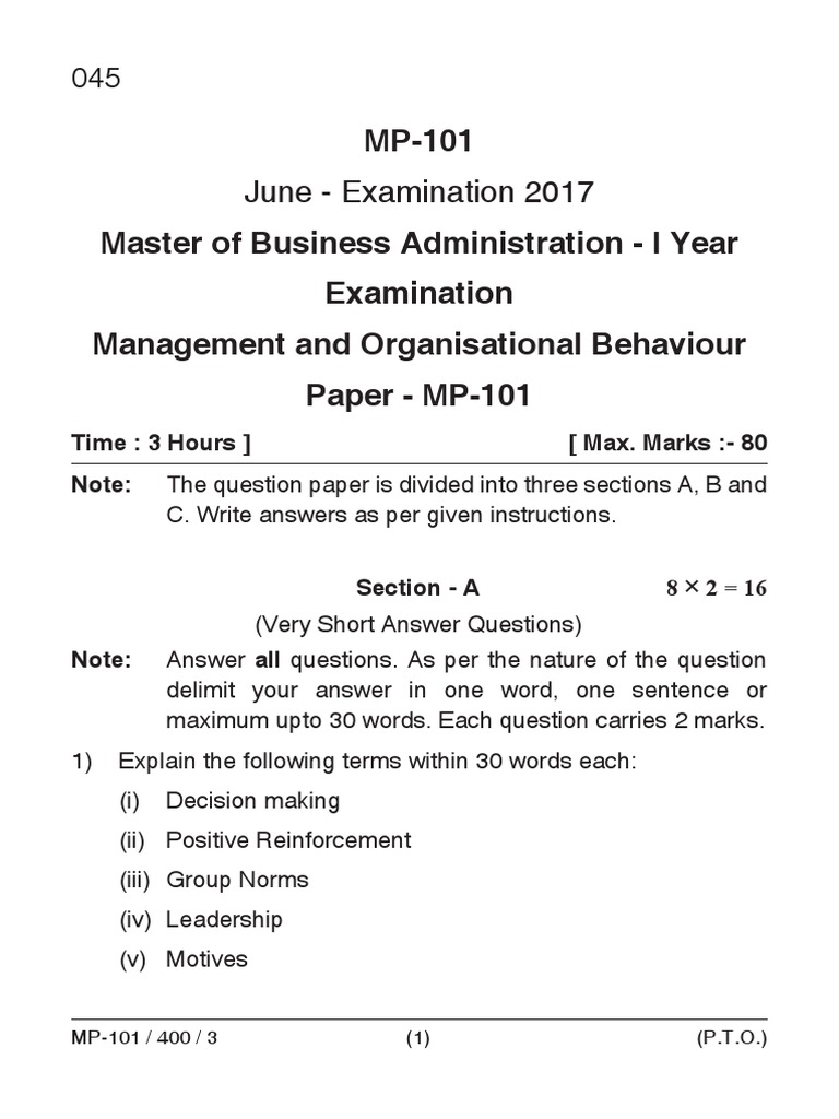MBA Management Exam Paper 2017 | PDF | Career & Growth