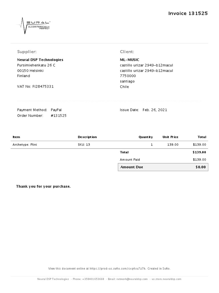Invoice for Archetype: Plini Purchase | PDF
