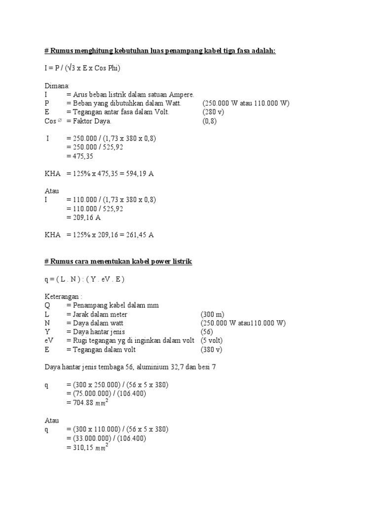 Rumus Menghitung Kebutuhan Luas Penampang Kabel Tiga Fasa Adalah | PDF