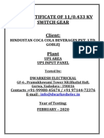 Test Certificate of 11/0.433 KV Switch Gear Client:: Hindustan Coca Cola Beverages Pvt. Ltd. Goblej