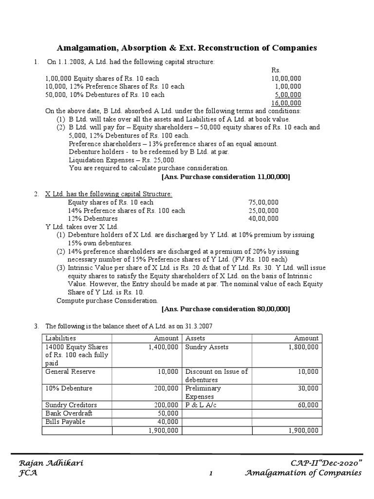 Amalgamation and Purchase Consideration | PDF | Equity (Finance ...