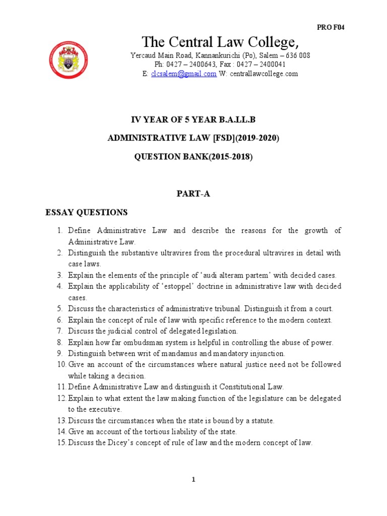 Administrative Law Question Bank from Central Law College Covering Essay Questions, Short Answer