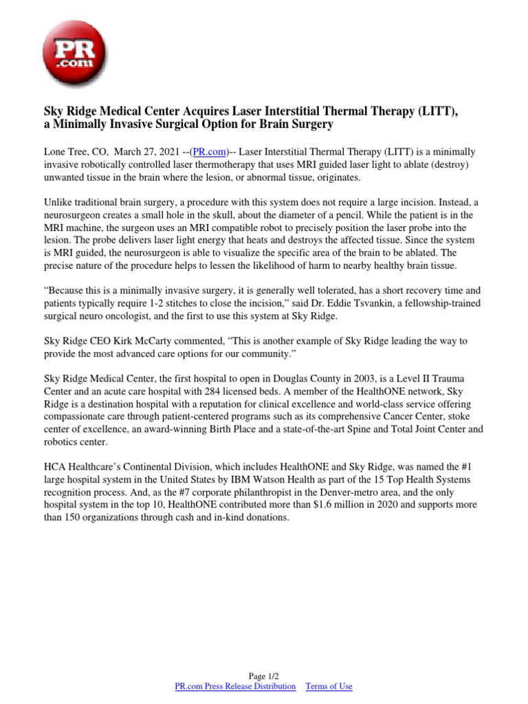 Sky Ridge Medical Center Acquires Laser Interstitial Thermal Therapy