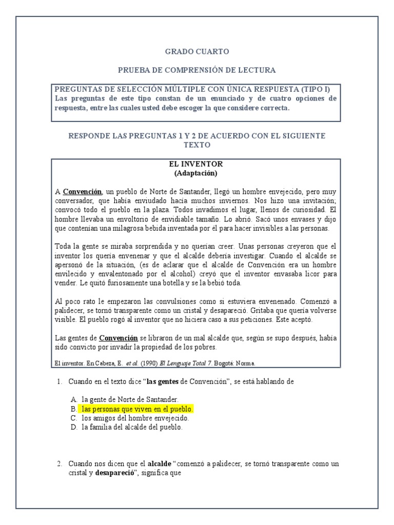 Comprensión Lectora para Cuarto Grado | PDF