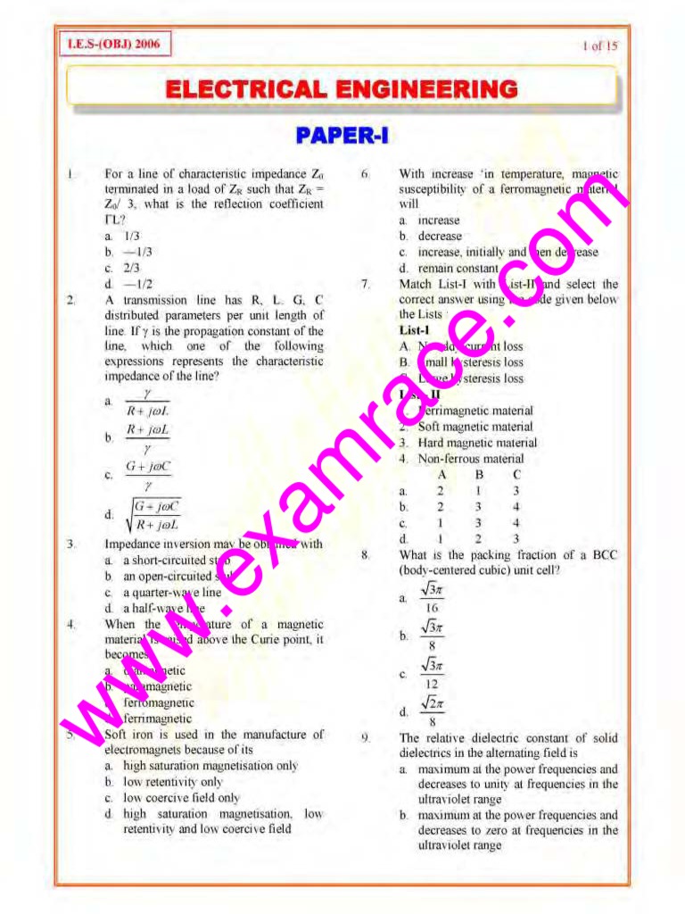 IES Electrical Engineering Paper 1 2006 | PDF | Hysteresis | Quantity