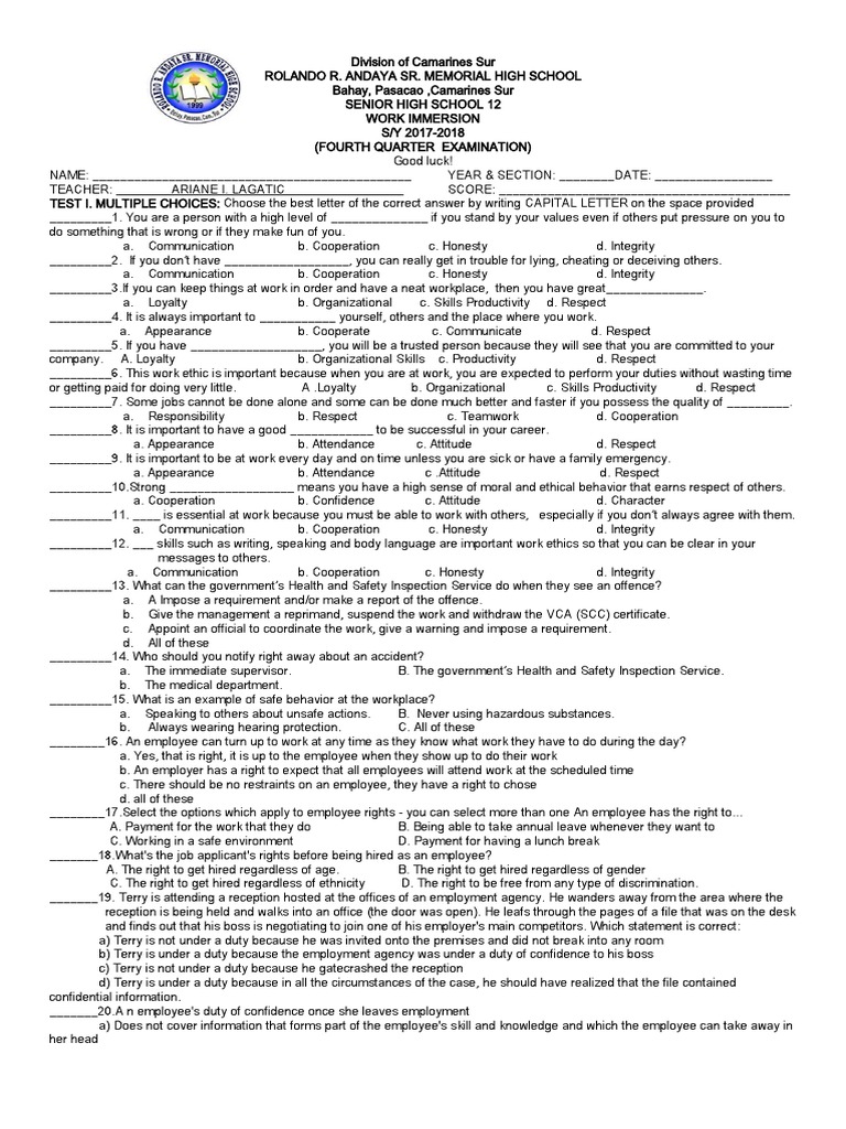 4TH QUARTER EXAMINATION Work Immersion and Physical Science Q PDF
