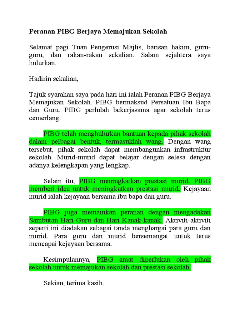 Syarahan Peranan Pibg Berjaya Memajukan Sekolah Pdf