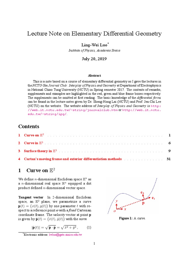 Elementary Differential Geometry Lecture Notes PDF Differential