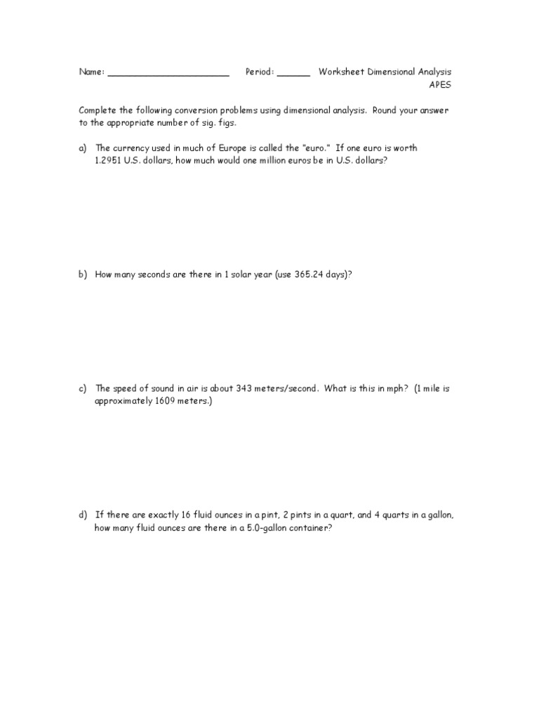 Worksheet Dim Anal Practice  PDF Intended For Dimensional Analysis Problems Worksheet