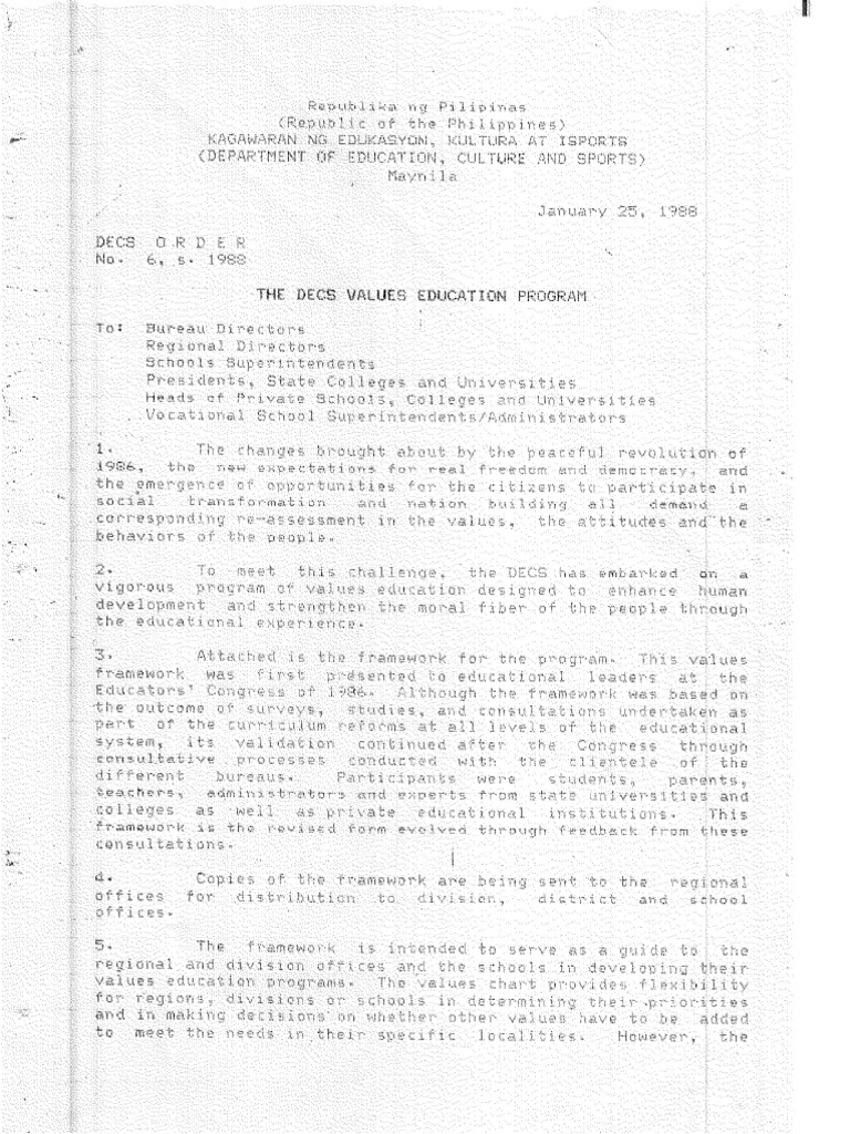 The DECS Values Education Framework 1988 | PDF