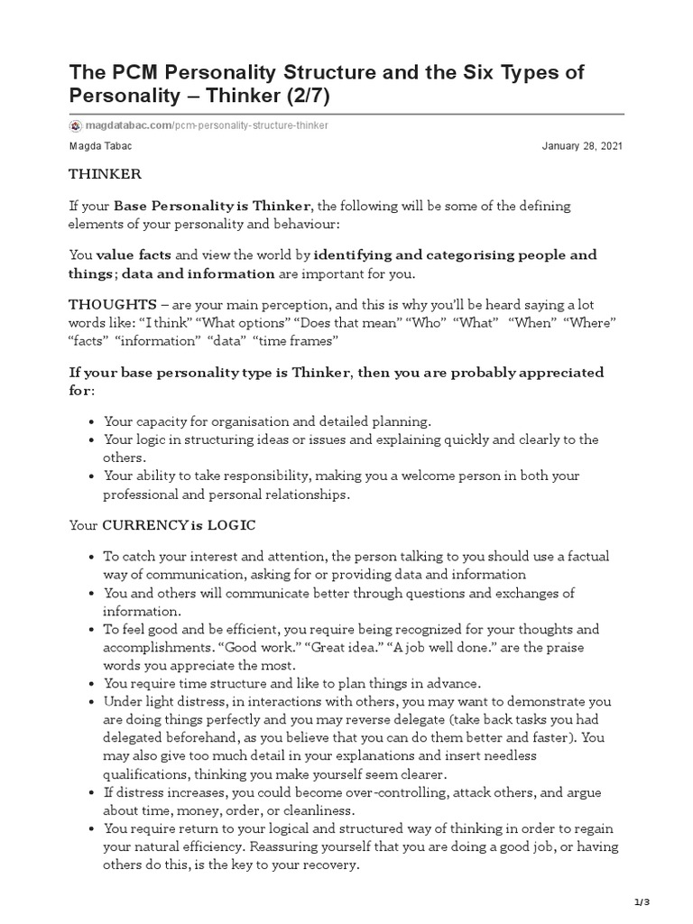 The PCM Personality Structure and The Six Types of Personality Thinker ...