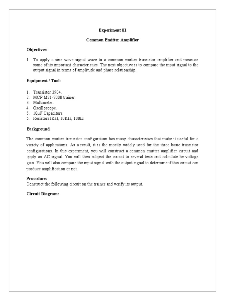 Common Emitter Amplifier Experiment | PDF | Amplifier | Electrical ...