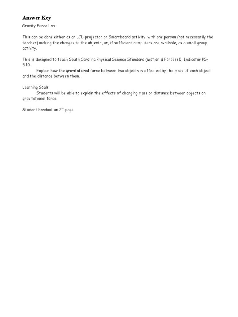 Gravity Force LabHTML Version Answer Key PDF Gravity Force