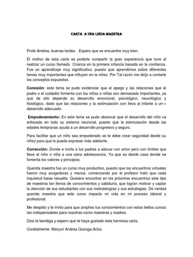 Carta A Una Linda Maestra | PDF | Crecimiento personal y profesional ...