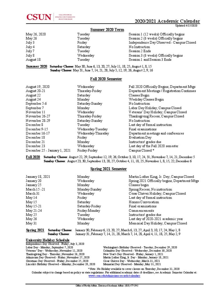 CSUN 2020-2021 Academic Calendar | PDF | Academic Term | Public Holiday