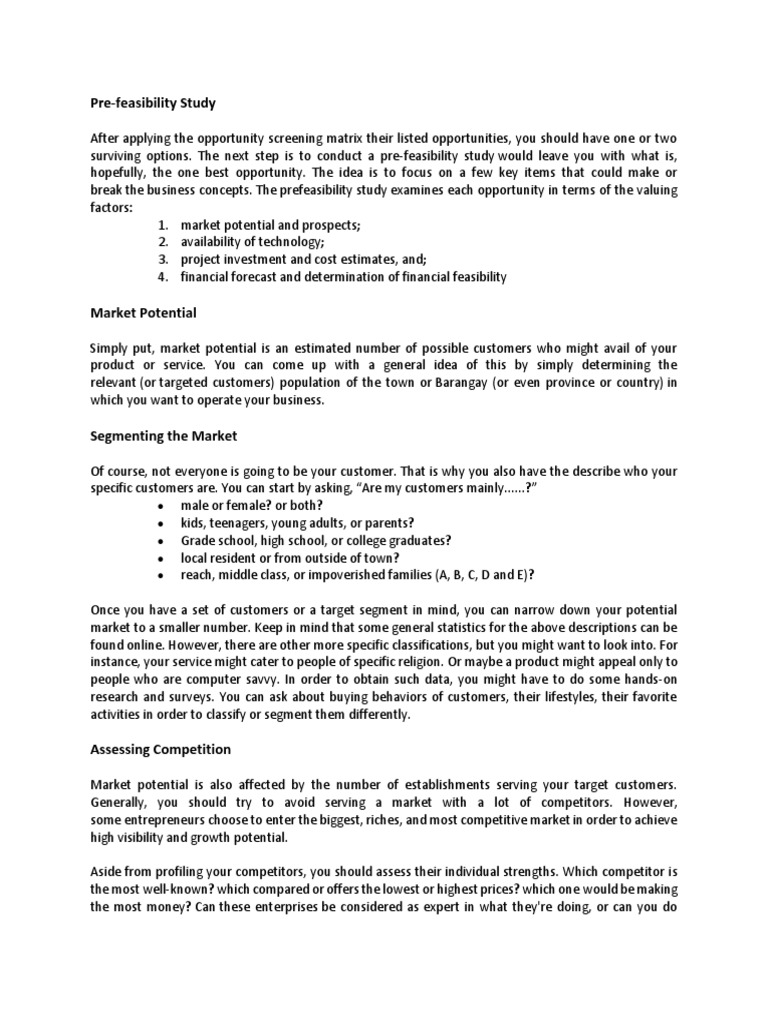 Pre-Feasibility Study for Business Opportunities | PDF | Feasibility ...