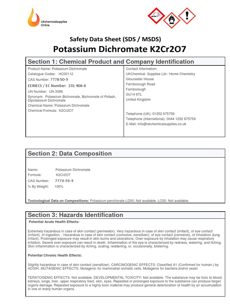 Potassium Dichromate K2Cr2O7 Safety Data Sheet (SDS / MSDS) PDF