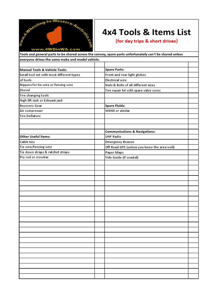 4x4 Tools & Items List: (For Day Trips & Short Drives) | PDF