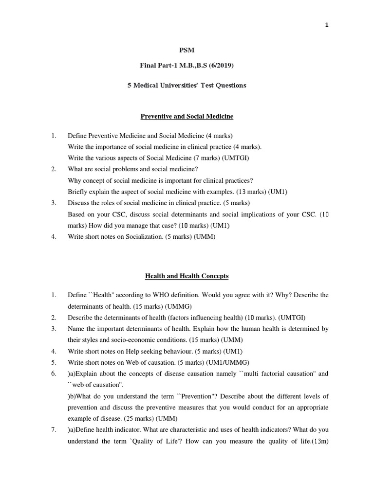 PSM Test Questions for Medical Students | PDF | Sensitivity And ...