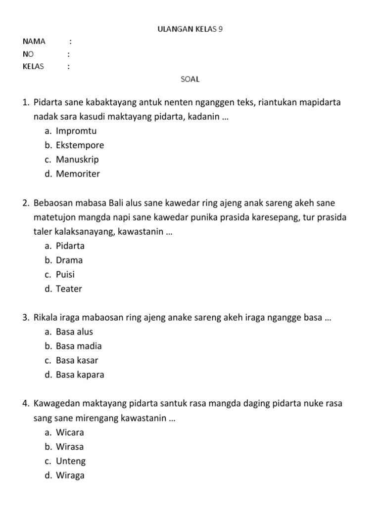 Ulangan Kelas 9 Nama No Kelas Soal Pdf