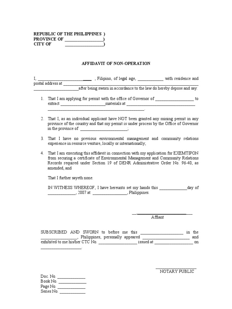 Affidavit of Non-Operation | PDF | Finance & Money Management | Social ...