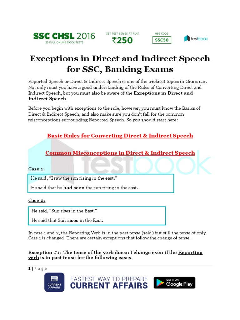 Exceptions in Direct and Indirect Speech For SSC, Banking Exams | PDF ...