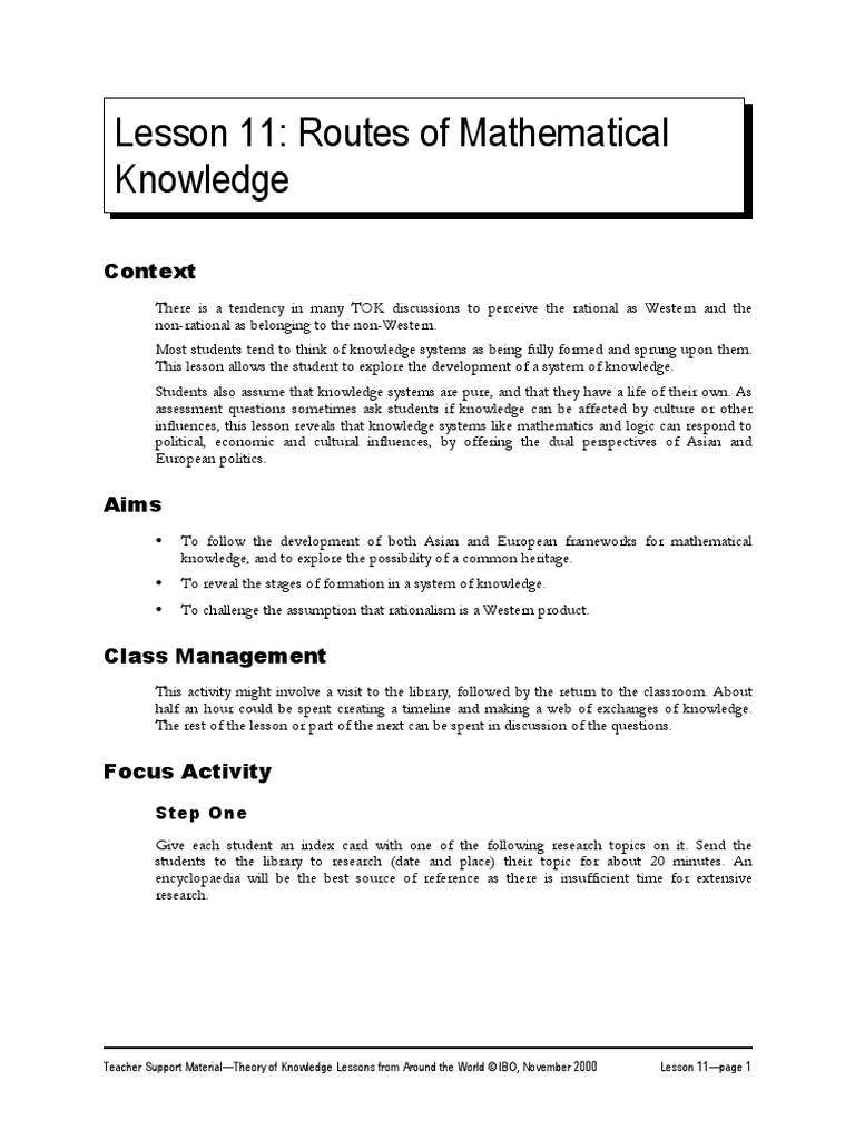 Lesson 11 - Routes of Mathematical Knowledge | PDF | Teaching ...