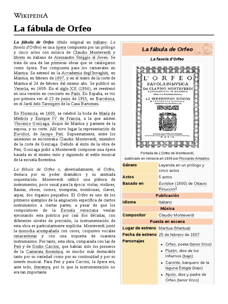 La Fábula de Orfeo PDF Las artes escénicas Música clásica