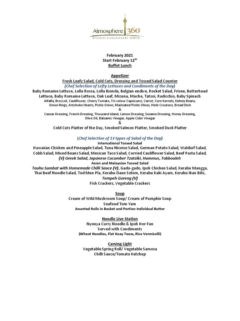 February 2021 Buffet Lunch Menu | PDF | Salad | Western Cuisine