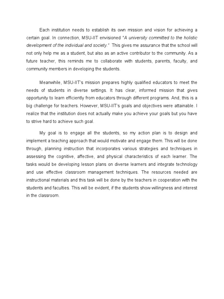 Reflection and Action Plan On Msu Iit Vision Mission Goals and ...