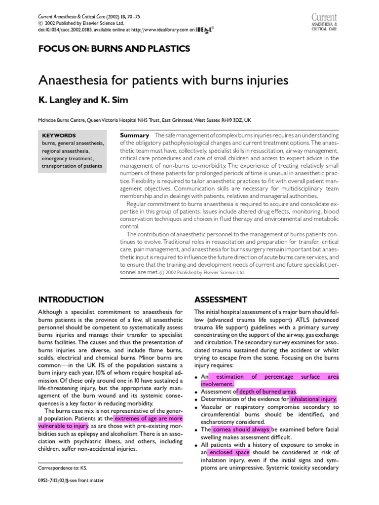 Anesthesia For Burn Patients PDF Burn Anesthesia