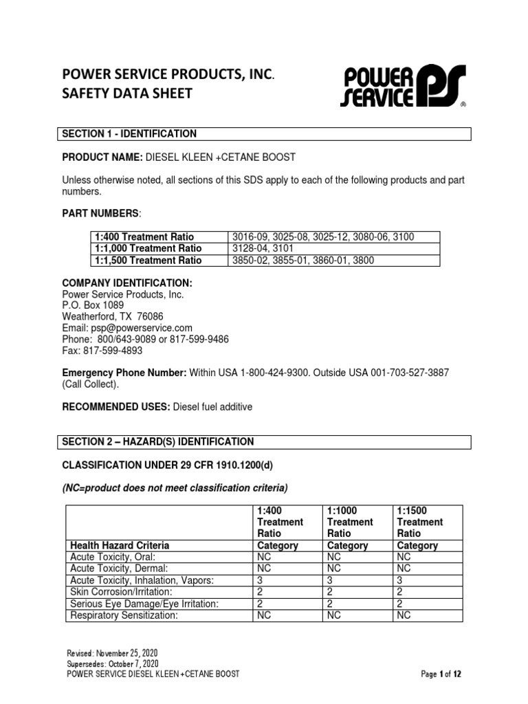 Power Service Products, Inc Safety Data Sheet (NC Product Does Not