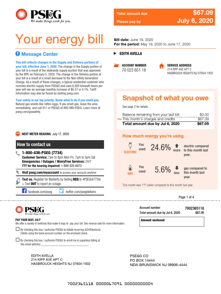 PSEG Sample Electric Bill PDF Cheque Watt