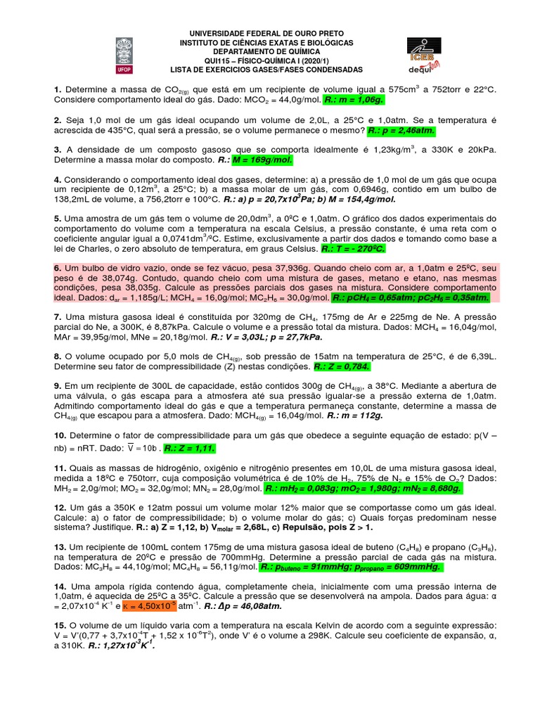 Exercícios de Físico-Química: Gases e Fases | PDF | Gases | Pressão