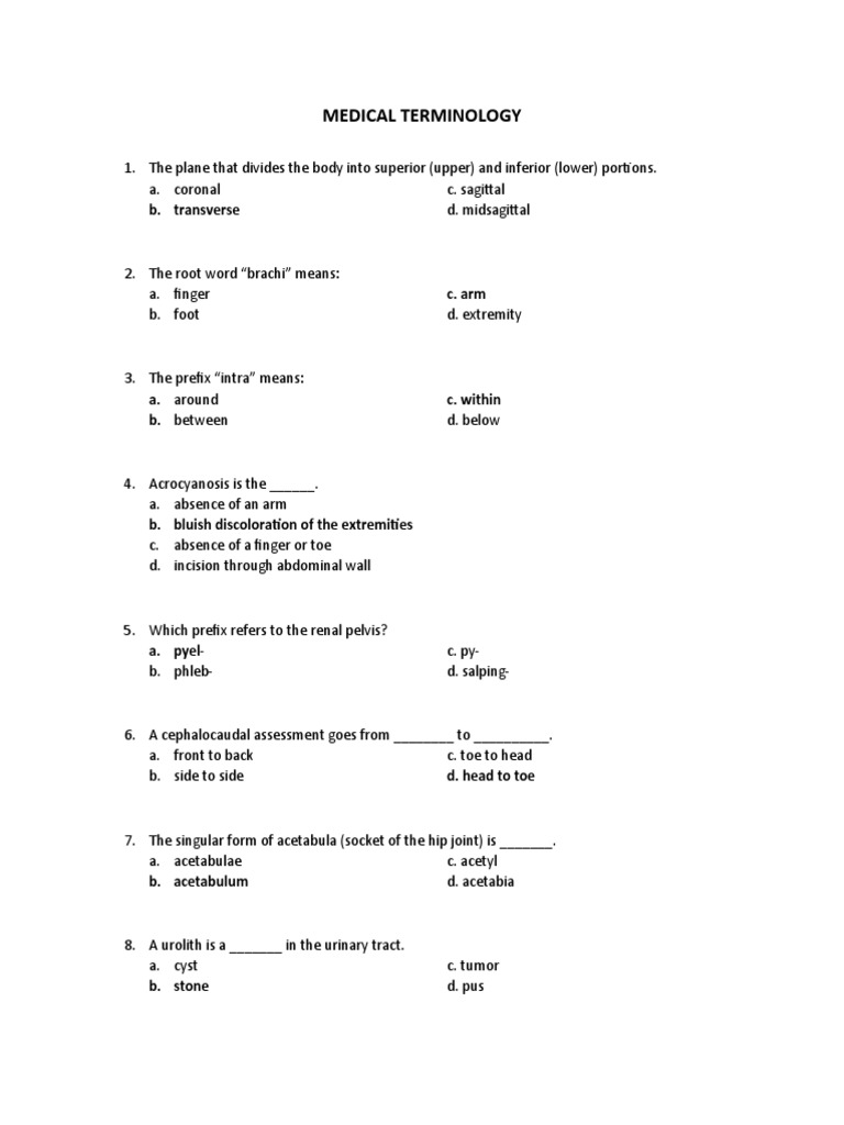 Medical Terminology Post Test PDF Anatomical Terms Of Location