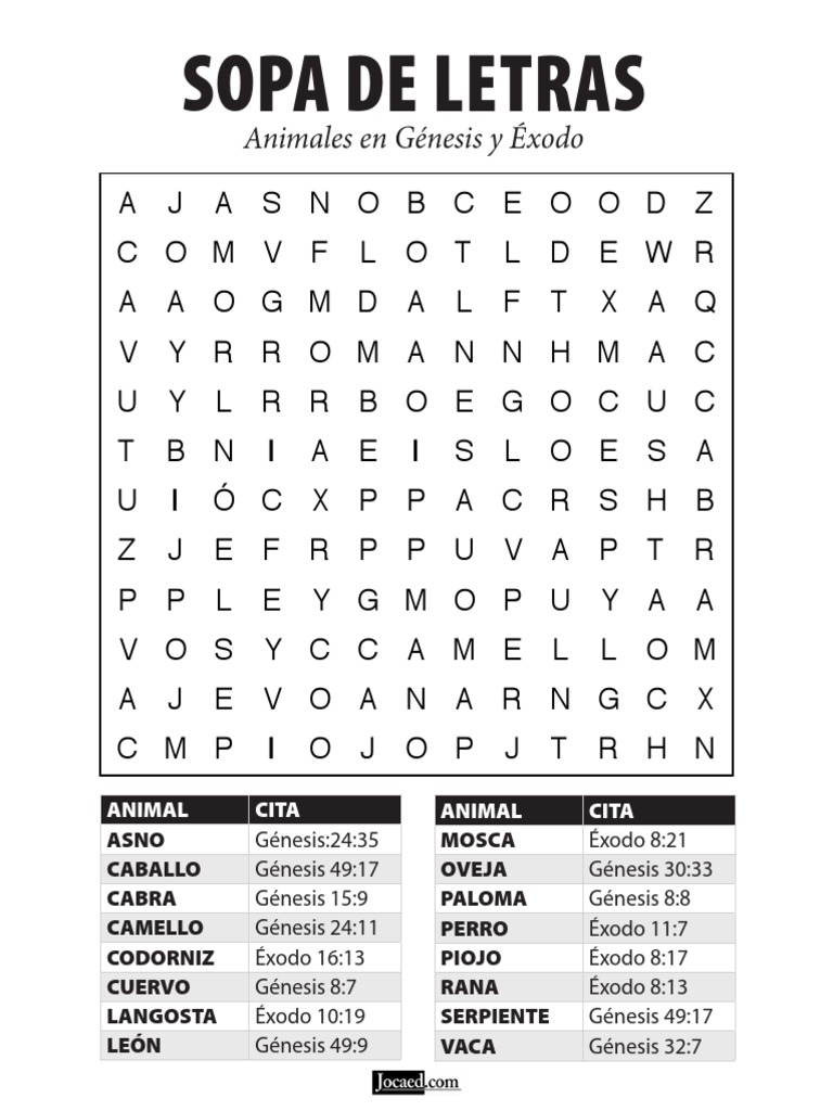 Sopa de letras: Animales en Génesis y Éxodo | PDF | Animales y humanos ...